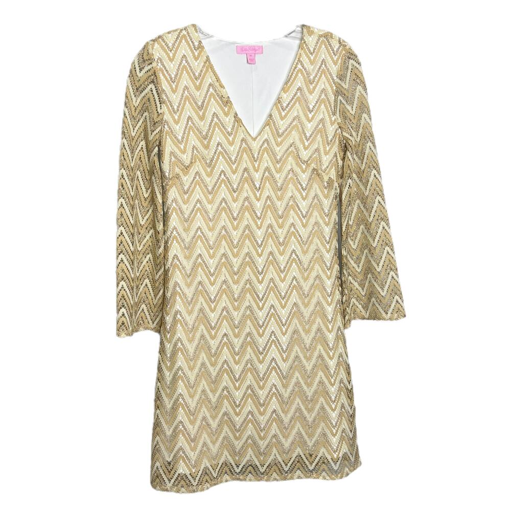 Lilly Pulitzer Jade Lace Chevron Shift Sz XS Dress Bell Sleeve Gold Beige V-Neck